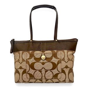 Coach Sateen Stripe Khaki/Mahogany Satchel Tote Bag Carryall